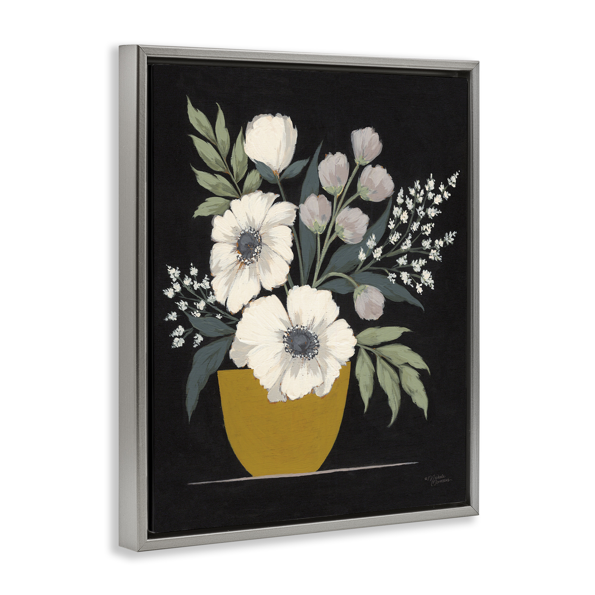 Stupell Industries Potted Flower Bouquet Botanical & Floral Painting Gray Floater Framed Art Print Wall Art, 25 x 31