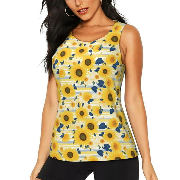 Fotbe Navy Blue Leaf Sunflower Blusas Sin Mangas para Mujer – Estilo Casual, Corte Suelto, Slim-Fit, Cuello Redondo Deportivo, Tops de Verano para Gimnasio y Yoga-Large