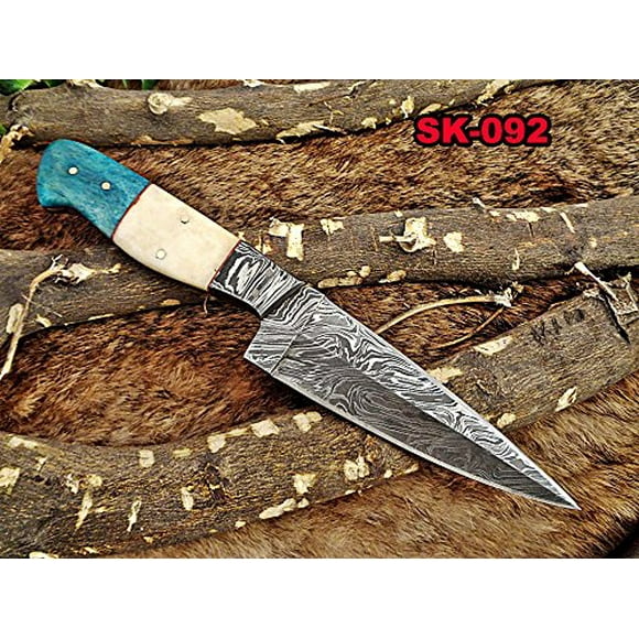 9.5" Long hand forged Damascus steel full tang blade skinning Knife, Natural & Blue bone with Damascus bolster scale, Cow Leather sheath