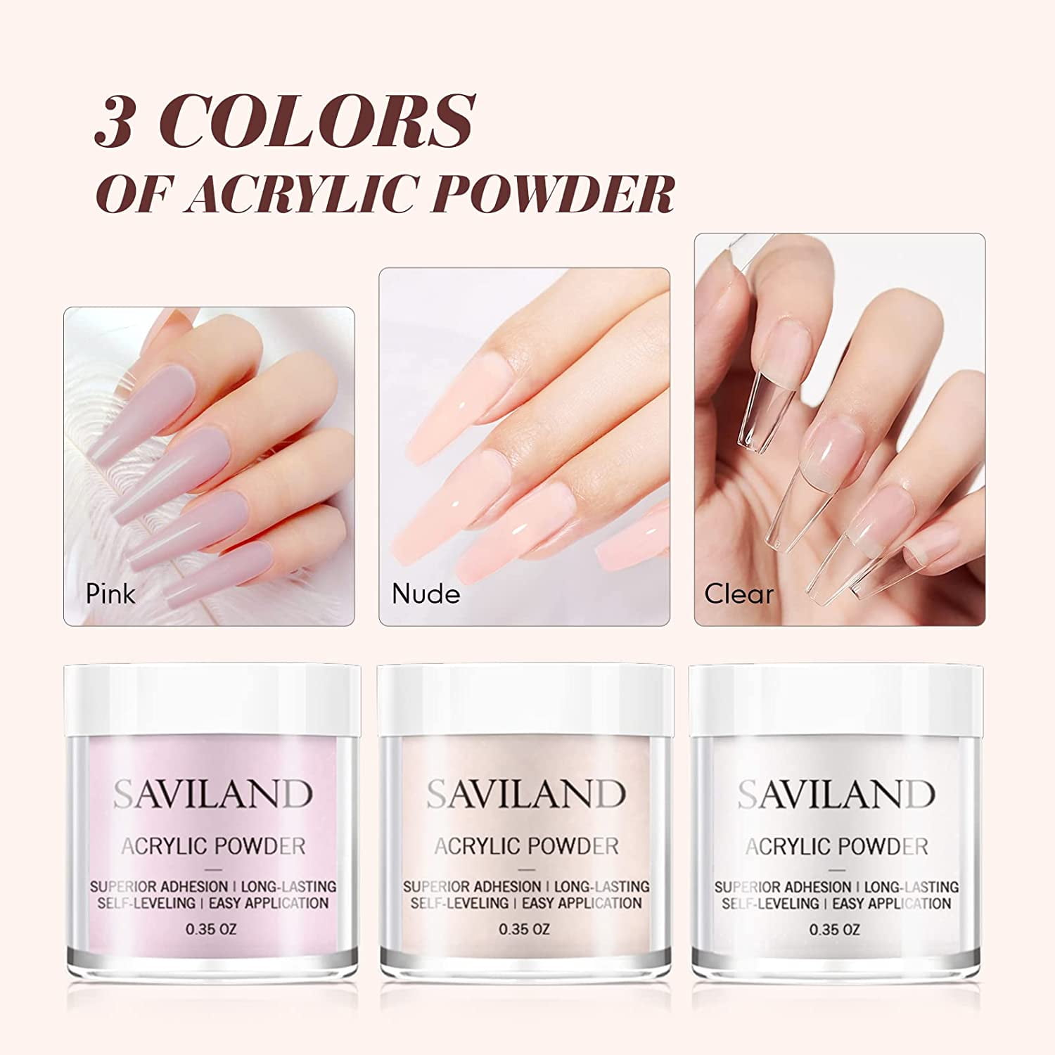 Saviland Acrylic Nail Kit - 3 Colors Clear/Pink/Nudes Acrylic Powder and Liquid Set with Monomer Acrylic Liquid, Acrylic Nail Brush and Nail Forms for