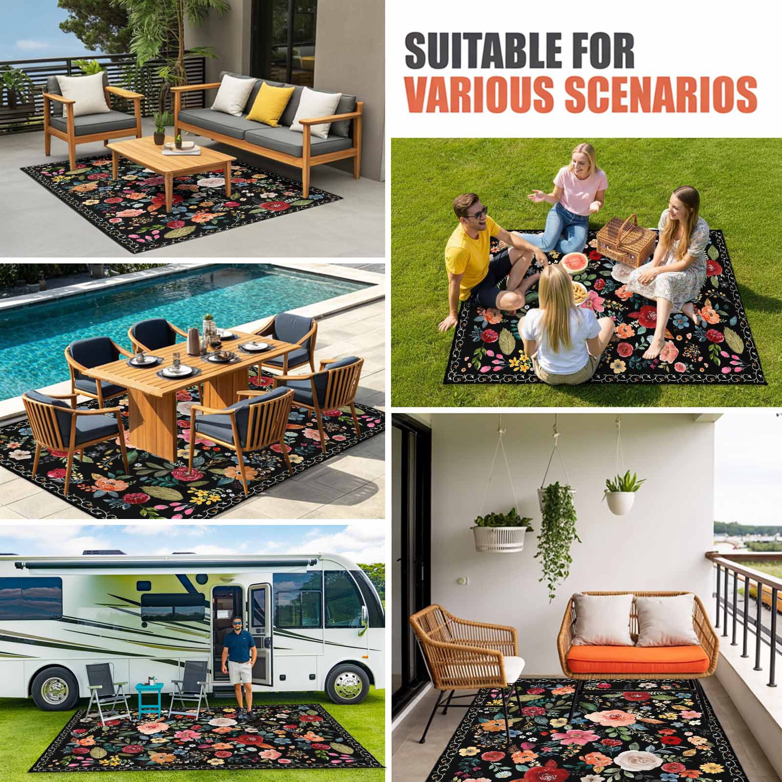 Watercolor Flowers Outdoor Rug 5x7 Ft, Non Slip Washable Area Rug, Farmhouse Floral Vintage Black Patio Rugs Carpet Runner, Large Floor Mat for Indoor/Outdoor Deck Porch Camping