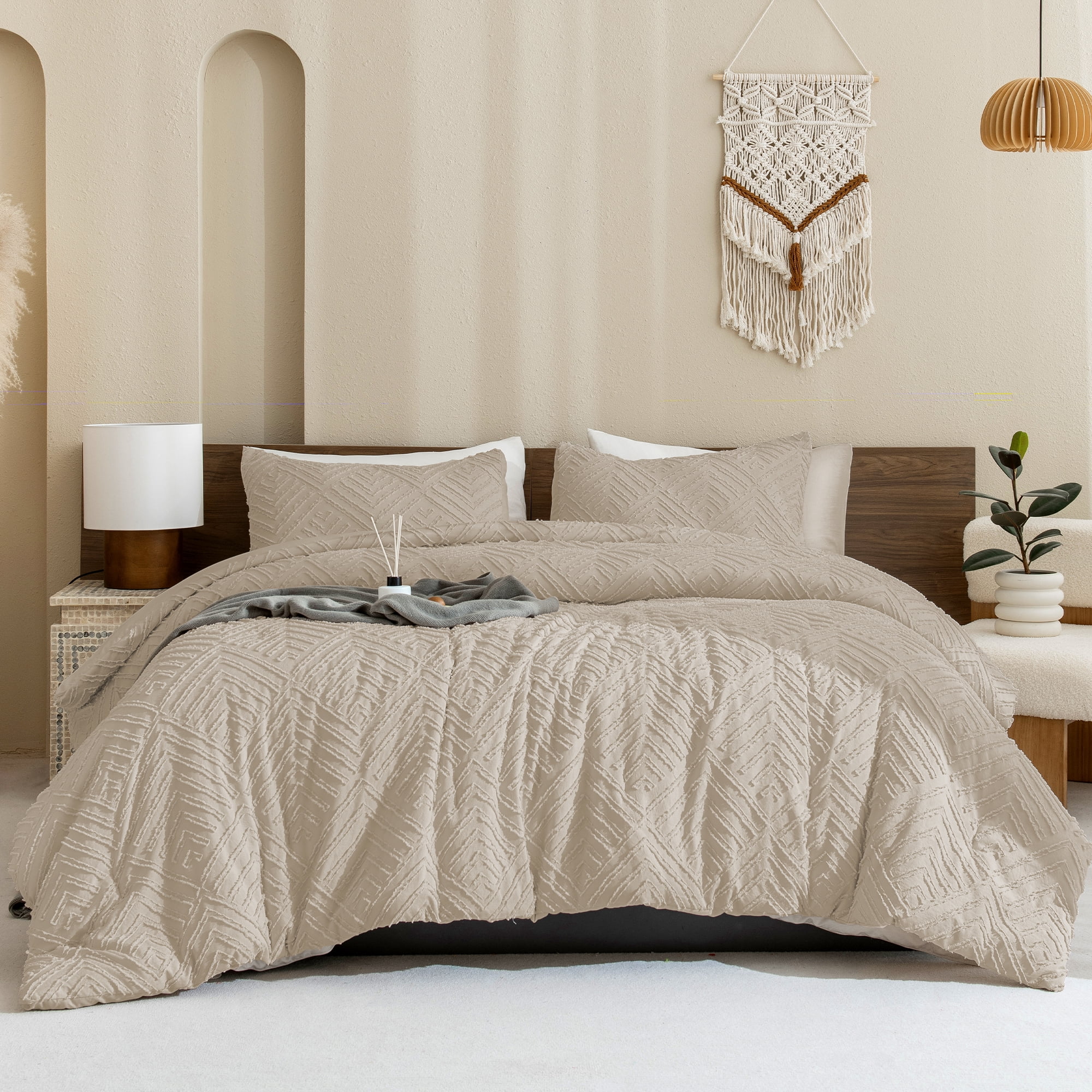 ANGENIA King Comforter Sets Oatmeal, 3 Pieces Boho Soft Lightweight Fluffy Tufted Bedding Comforter Set, All Season Elegant Down Alternative Comforter Bed Set for Women Men