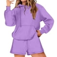 thumbnail image 6 of Pxiakgy Women's Solid Color Fashion Casual Long Sleeve Drawstring Pocket Hooded Sweater Shorts Set Purple + XXL, 6 of 9