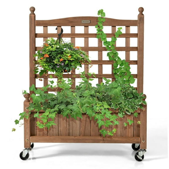 Spaco 32in Wood Planter Box with Trellis Mobile Raised Bed for Climbing Plant, Planter Raised Beds, Planter Boxes Outdoor, Raised Beds for Gardening