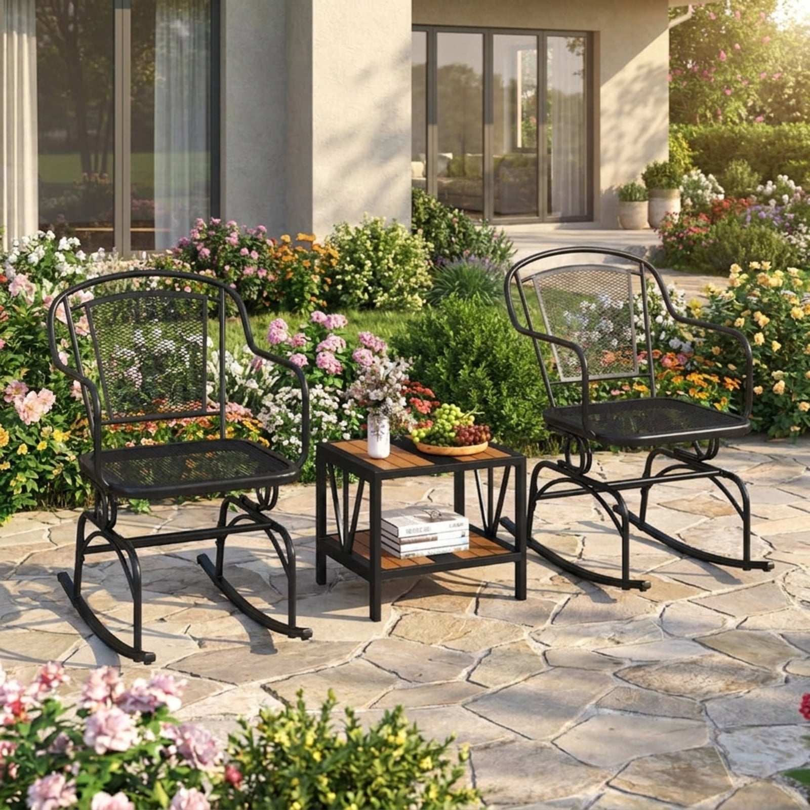 Biotree Outdoor Rocking Chairs Set of 2 with Mesh Backrest and Seat All-Metal Frame for Porch Patio Yard and Garden, Black