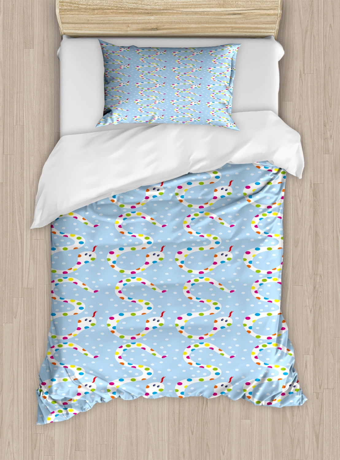Snake Duvet Cover Set, Funny Cartoon Style Snakes with Colorful Polka