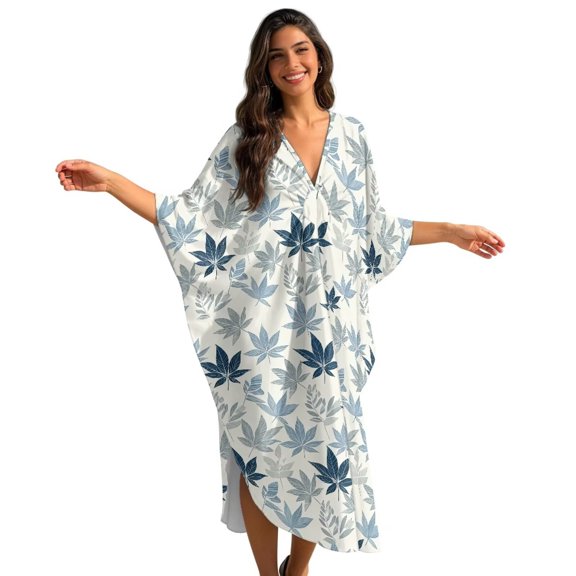 Xixirimido Abstract Leaves Print Women Kaftan Dresses Plus Size Beach Cover Up Deep V-Neck Batwing Sleeves Swimsuit Coverups Summer Caftan Dress
