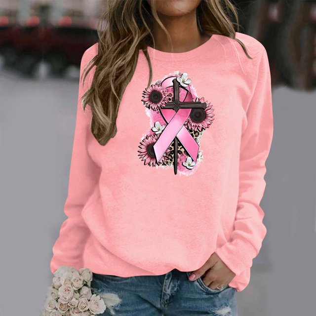 Jsaierl Chandails Roses pour Femmes Chandails de Sensibilisation au Cancer du Sein Manches Longues Col Rond Chandail à Enfiler Hauts Graphiques Roses Cadeau Inspirant pour Femmes