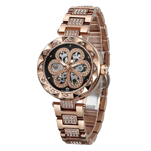 FORSINING FORSINING Élégante Montre Automatique pour Femme avec Accents de Diamants, Bracelet en Acier Inoxydable Or Rose, Cadran Noir, Boîtier 33 mm, Étanche 30 m