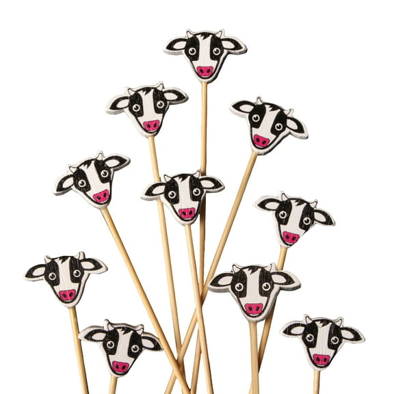BambooMN 3.9 Inch Fancy Cow Cocktail Appetizers Bamboo Toothpick Picks, Stirrer Sticks for Fruit Party, Charcuterie Accessories and Drinks, 100 Pieces