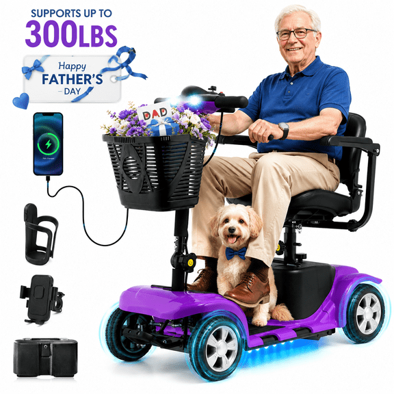 Foldable Mobility Scooter for Adults Elderly– 4-Wheel Portable Motorized Scooter with 300 lbs Capacity, Detachable Battery，Including Charger