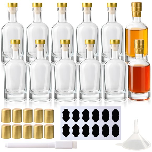 BPFY Lot de 12 Bouteilles de Liqueur en Verre Petites 3oz (100ml) avec Bouchons T-Top et Capsules Thermorétractables, Mini Bouteilles de Vodka Vides, Bouteille de Shots de Voyage pour Vin,