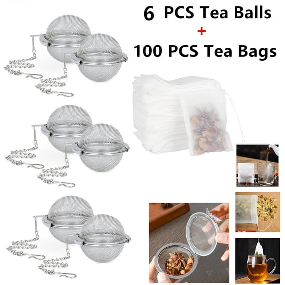 6 Pcs Stainless Steel Tea Ball Infuser 100 PCS Non-Woven Tea Filter Bags with Drawstring Set Loose Leaf Herbal Spice Brewing Accessories