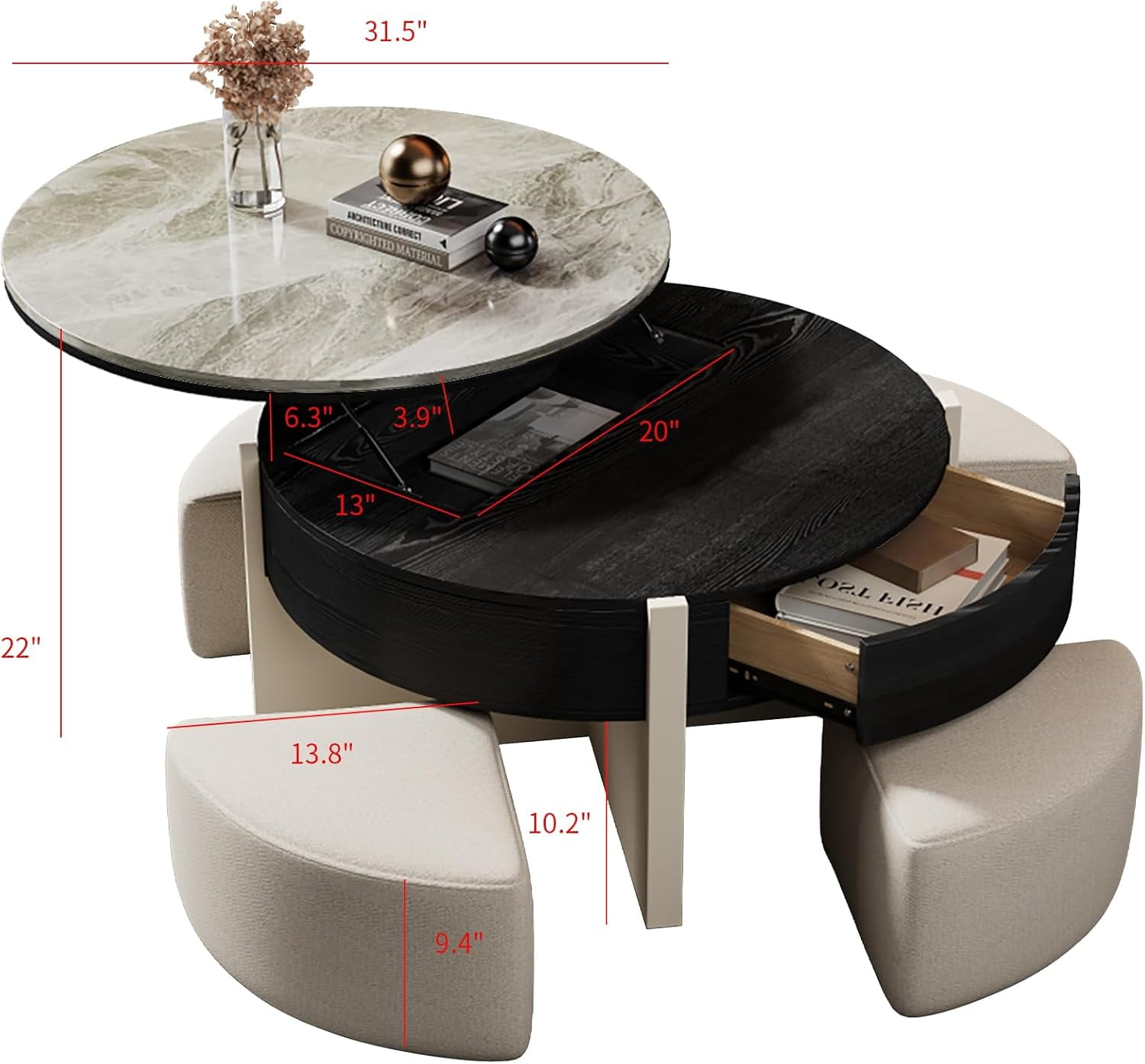Modern Lift Top Coffee Table for Living Room, 31.5" Round Coffee Table with Storage Drawer, Lift Coffee Table with Stools, Wood Coffee Table with Sintered Stone Top
