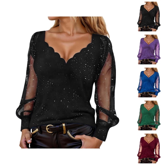 Glitter Sequin Tops for Women Long Mesh Sleeve Patchwork Loose V Neck Sparkly Shirts Night out Top Rave Outfits