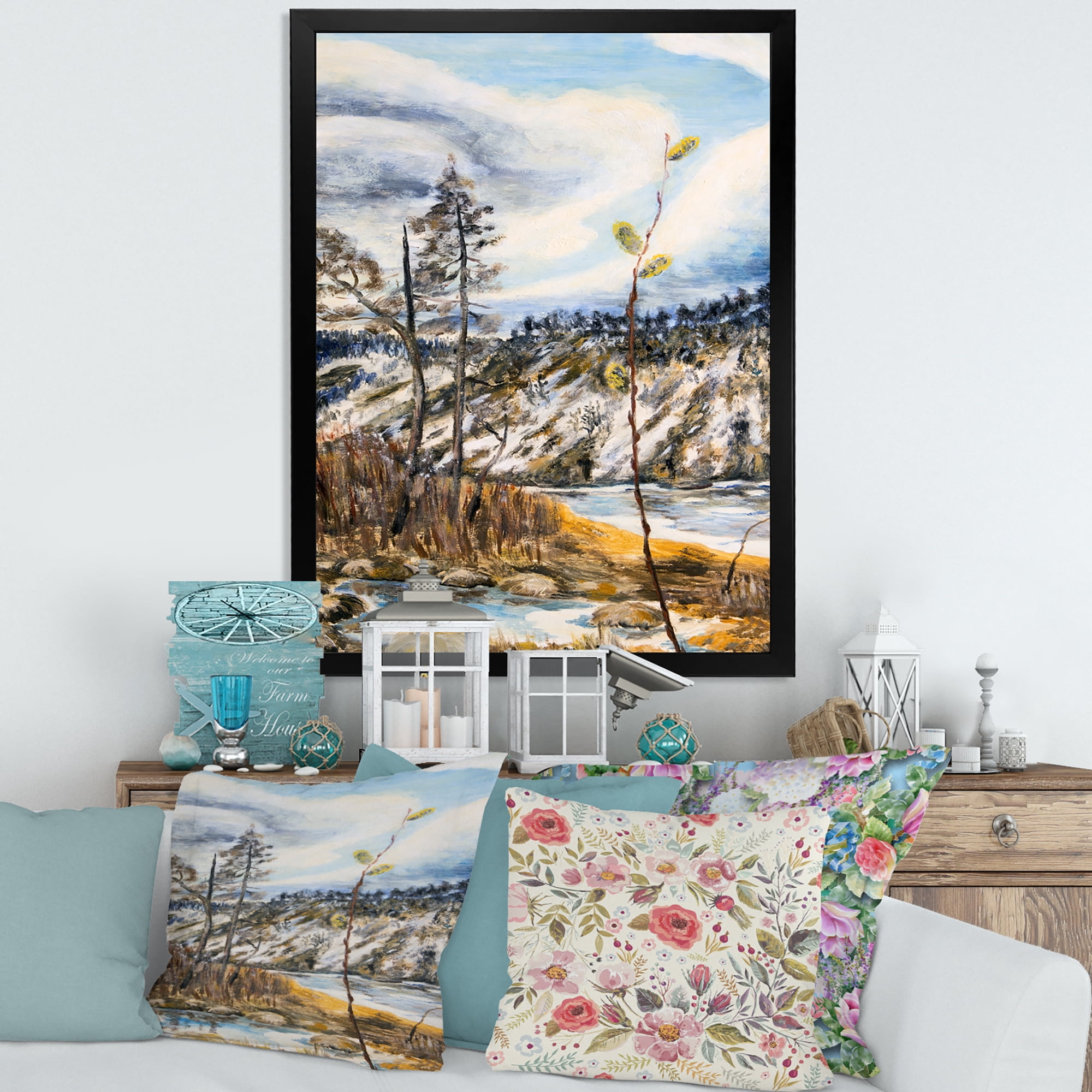 The Cloudy Sky and The River With Spring Landscape 16 in x 32 in Framed Painting Canvas Art Print, by Designart
