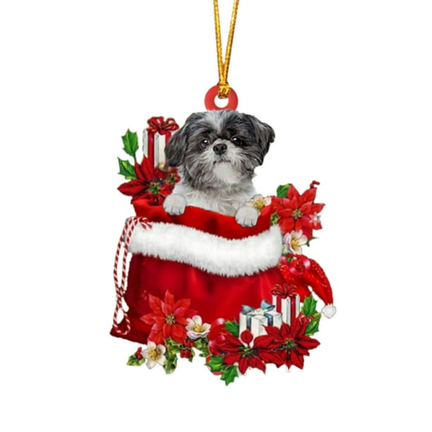 pstuiky Preciosa etiqueta navideña con flores y perro, adornos navideños, colgante para árbol de Navidad, decoración de árbol de Navidad estilo cabaña, árbol de Navidad verde