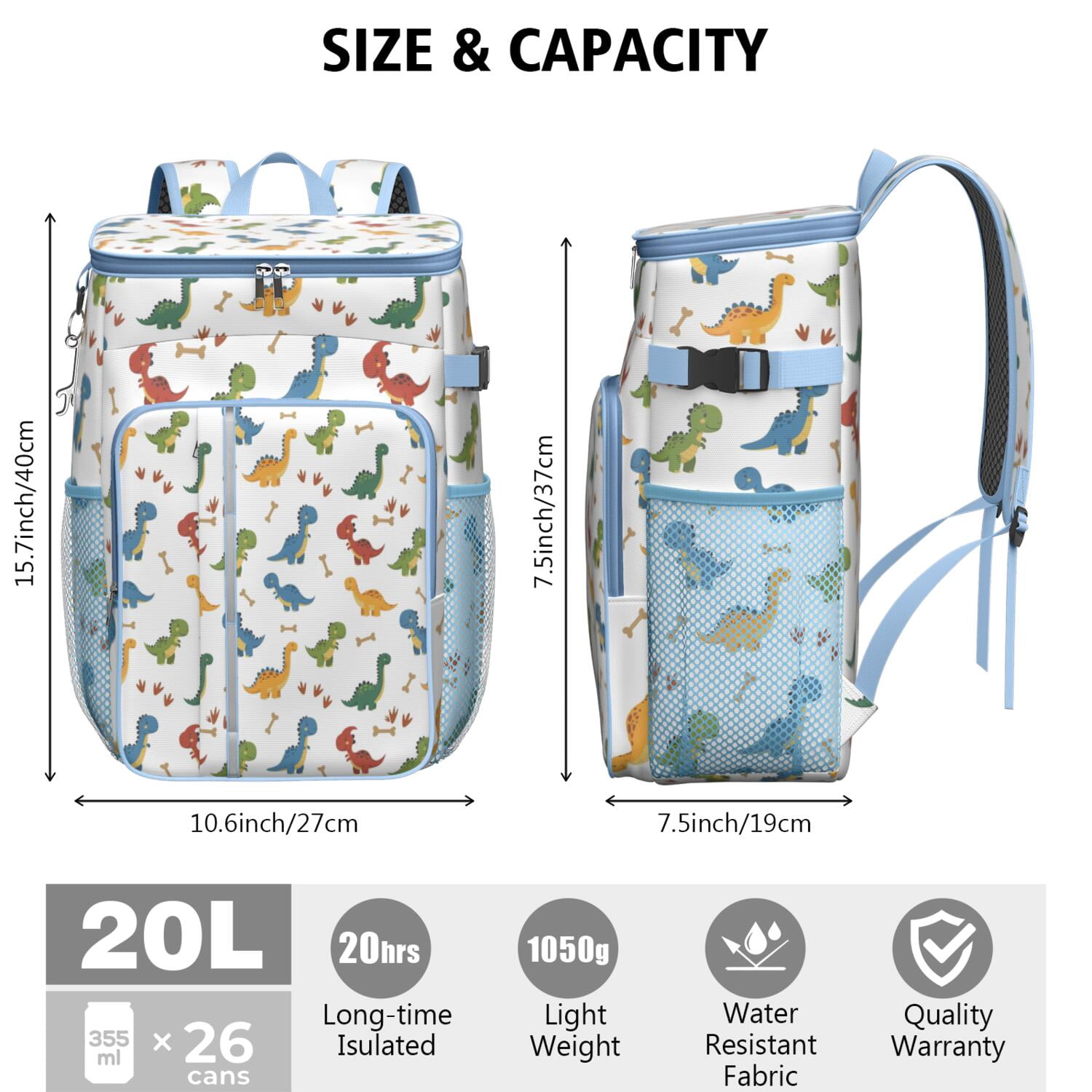 Travel Cooler Bag - White Dinosaurs Bones Footprints Pattern Camping Beer Cooler Backpack with Bottle Opener- Waterproof Insulated Picnic Backpacks - Cooler Bag for Beach
