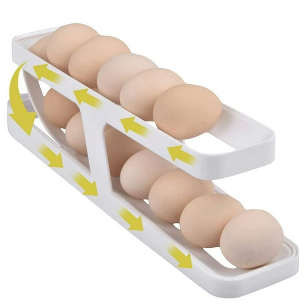 Soporte para huevos para refrigerador, contenedor de almacenamiento de huevos que se enrolla automáticamente, soporte para huevos de plástico de 2 niveles, bandeja para huevos que ahorra esp