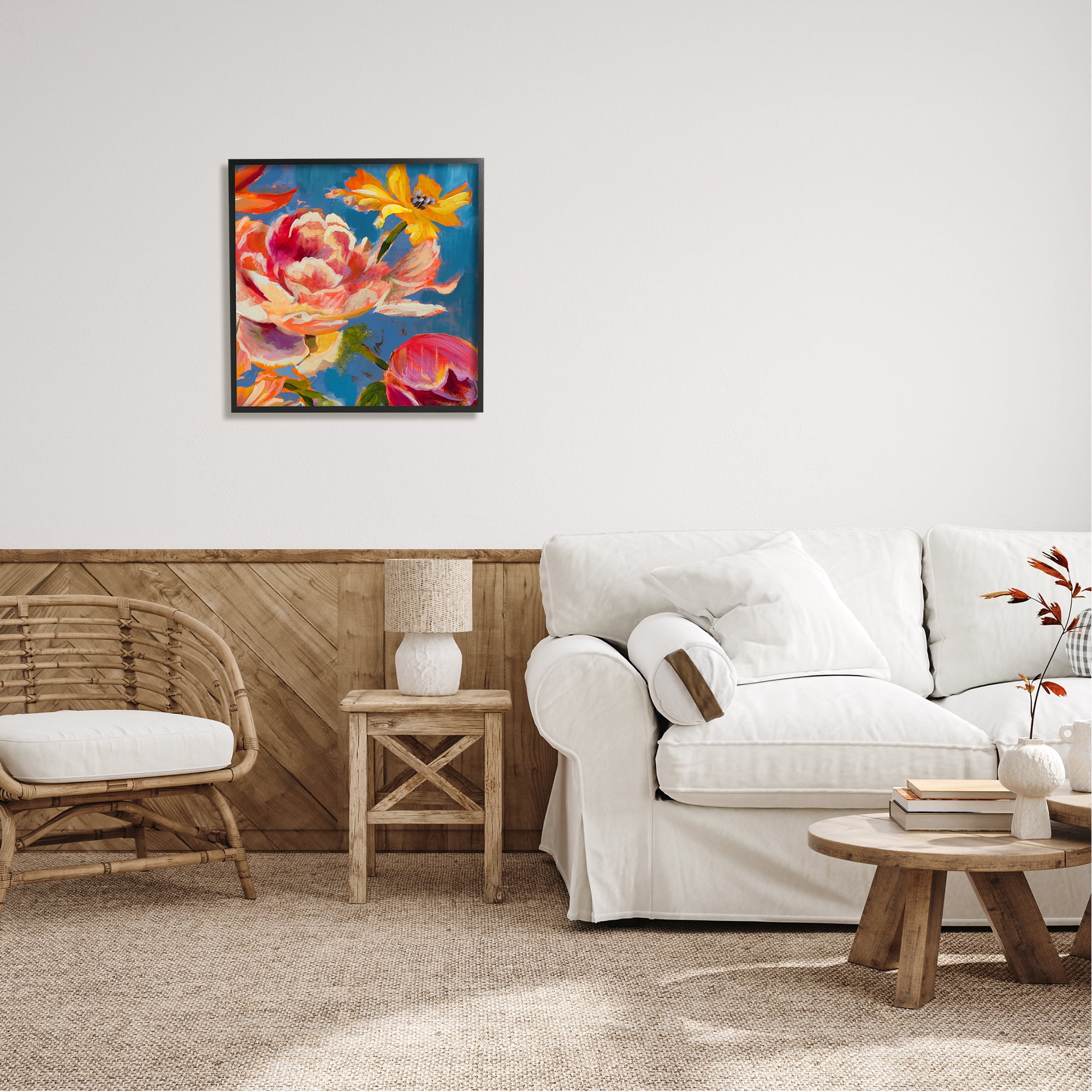 Stupell Industries Vivid Peonies on Blue Botanical & Floral Painting Black Framed Art Print Wall Art, 24 x 24