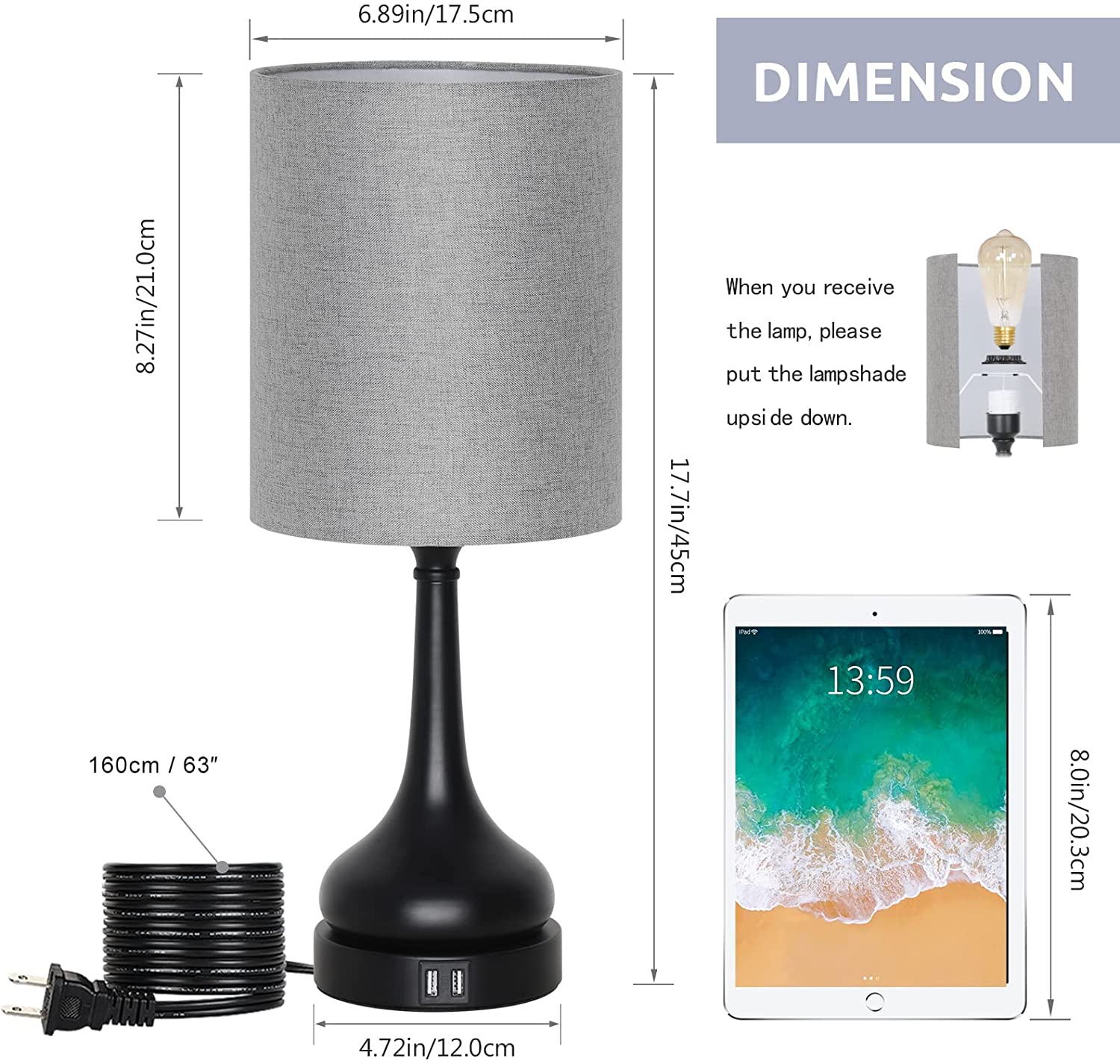 Touch Bedside Lamps with Dual USB Ports, Grey Fabric and Black Vase Base Lamps - Without Bulb