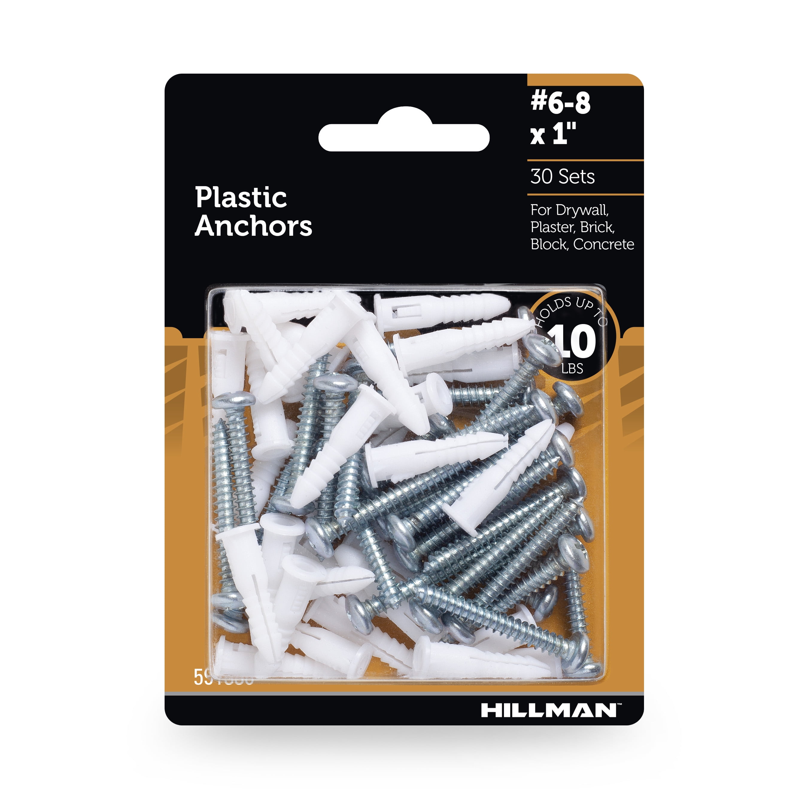 Hillman Plastic Anchors with Screws, #6-8 x 1", Holds up 10lbs, 30 Sets