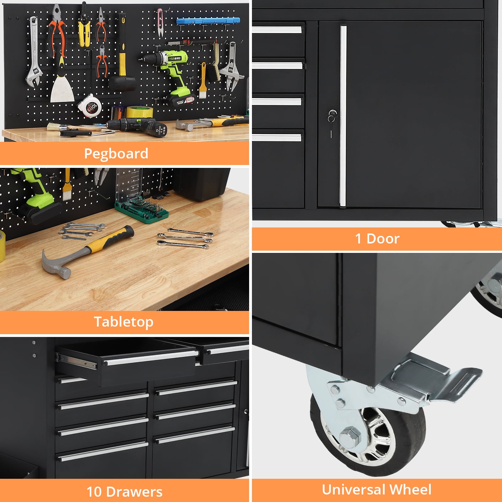 Tool Chest Workbench, 61-inch Rolling Tool Chest with Wheels, 10 Drawers, Multifunctional Tool Cart Mechanic Tool Storage Cabinet for Garage, Assembled Large Tool Box Storage Cabinet, Black