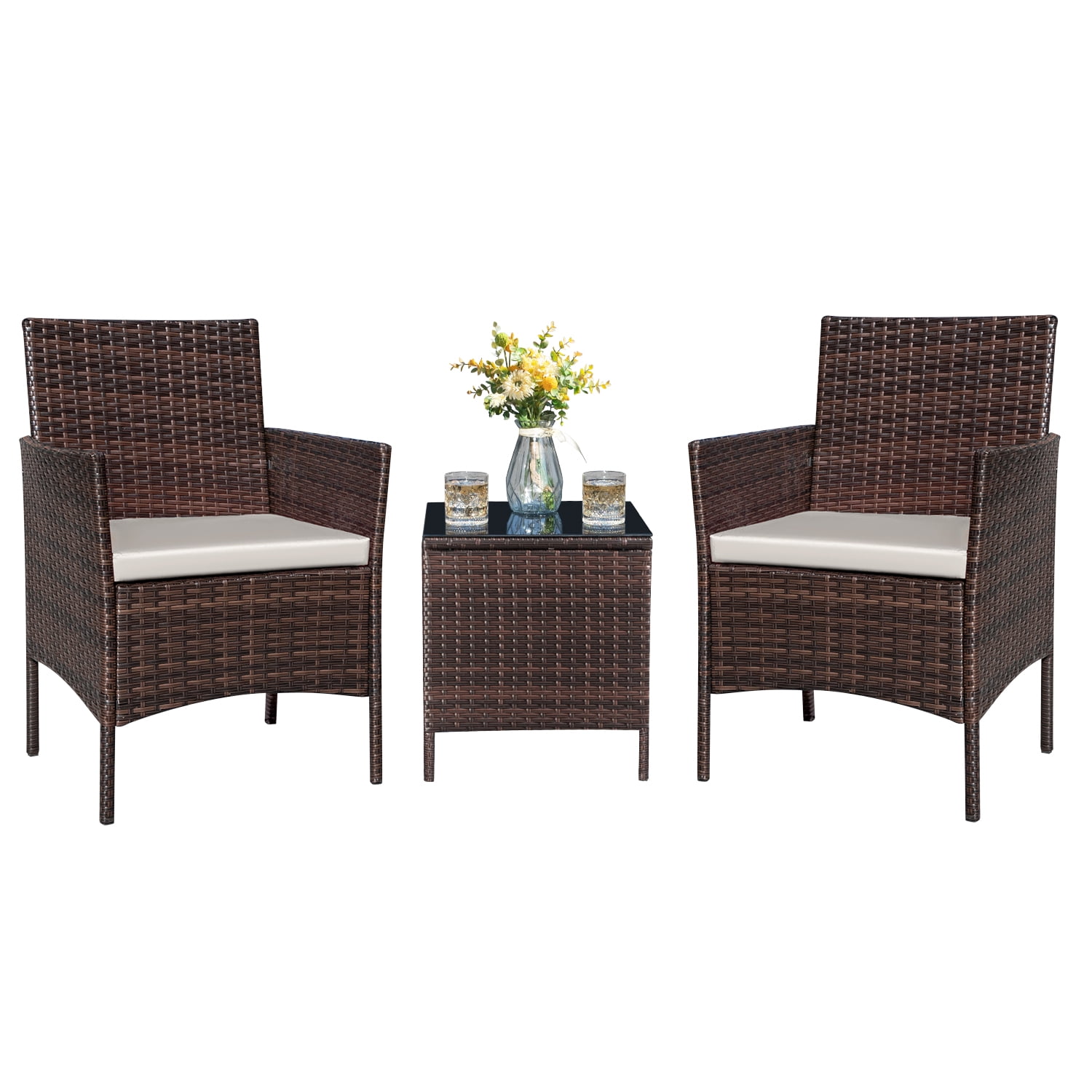 Homall 3 Pieces Patio Furniture Set Outdoor PE Rattan Wicker Patio Conversation Set Bistro Set with Tempered Glass and Cushioned Chairs, Brown/Beige