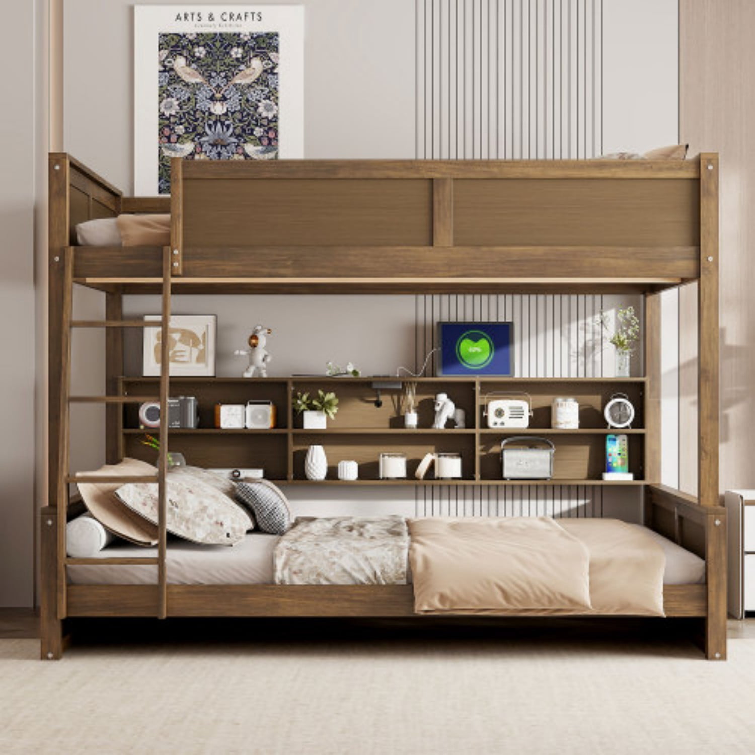 Queen over Queen Bunk Bed with Storage Cabinets & USB Ports, Solid Wood Frame, Space Saving Double Bunk Bed for Bedroom, Antique Wood, Natural