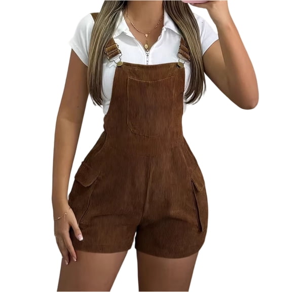JULMCOMO Corduroy Rompers for Women Adjustable Straps Casual Comfy Bib Overall Shorts Sleeveless Slim Fit Vintage Summer Jumpsuit with Pockets Brown 2XL