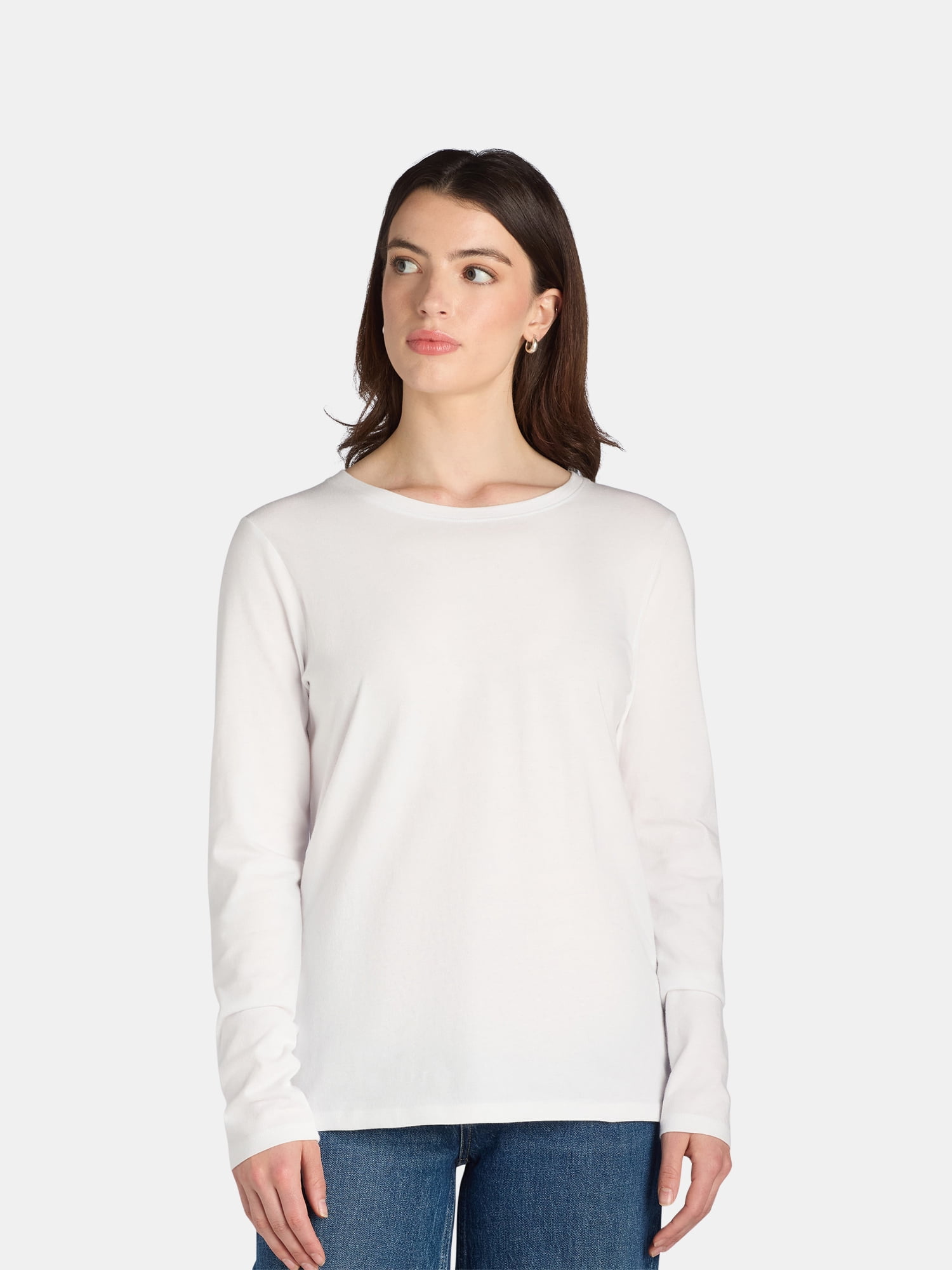Time and Tru Women's Cotton Crewneck Tee with Long Sleeves, Single and 3 Pack, Sizes XS-XXXL