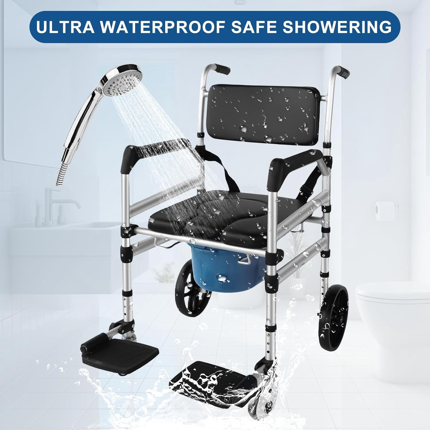 Eosprim Rolling Shower Chair with Handles Arms, Bedside Commode Chair with Wheel, Wheelchair for Elderly Disable,Heavy Duty Raised Toilet Seat Riser for Adults