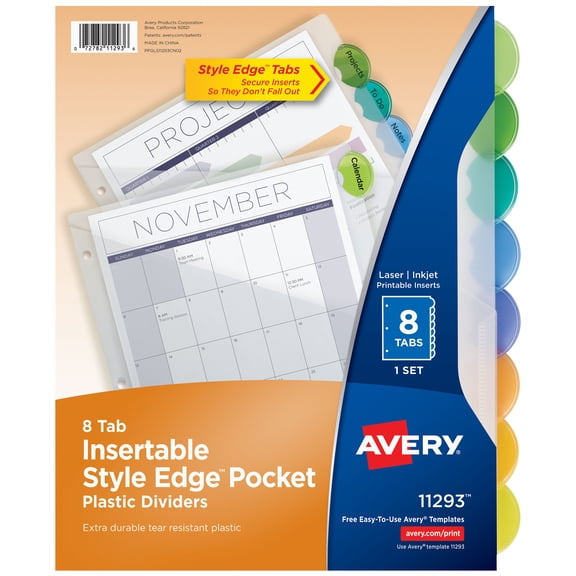 Avery® Plastic Dividers, Insertable Big Tab™, 8-Tab, Color, 1 Set