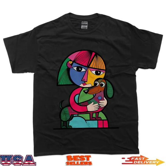 Funny Colorful Cubism Girl Holding Dachshund Puppy Dog T-Shirt