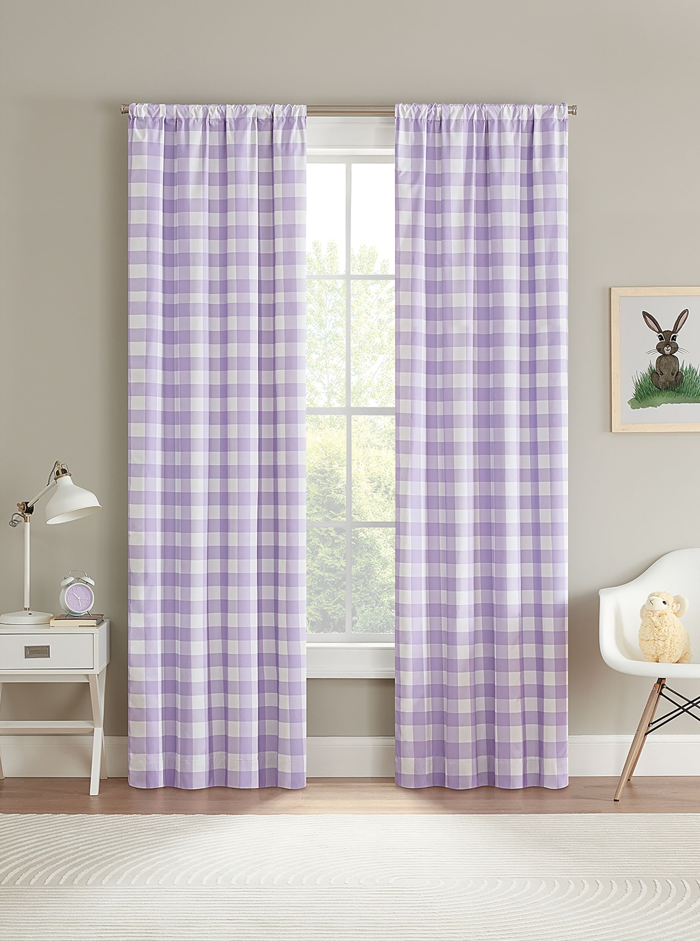 Your Zone Gingham Plaid Blackout Curtain Panel Pair, Lilac, 37 x 95