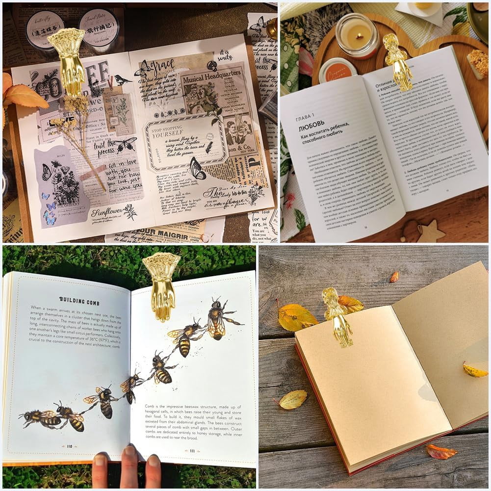 1set 2pcs 2 styles Alloy Hand Shaped Bookmark Clip with 1pc Velvet Pouches Golden 87x39x29mm Hole: 6mm