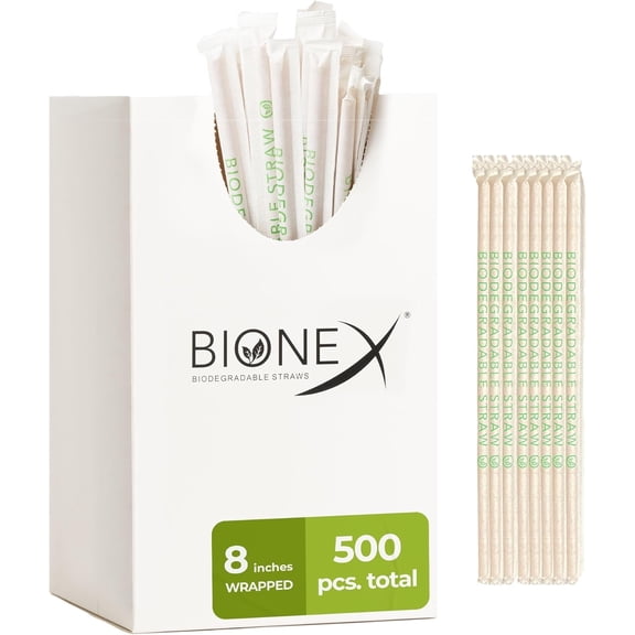 Bionex Biodegradable 8-Inch Sugarcane Drinking Straws, Individually Wrapped, 500 Count