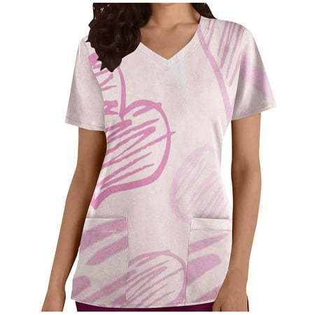 

Valentine s Day Scrub Tops for Women Cute Love Graphic Print Regular Fit Short Sleeve Shirt Casual V Neck Pullover Sweatshirt