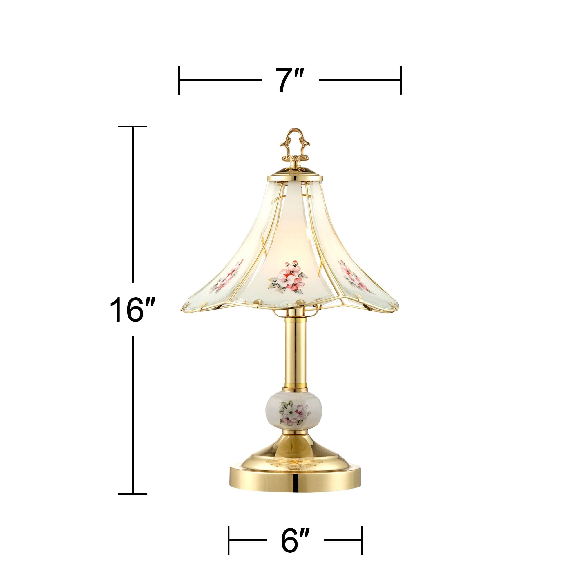 Regency Hill Traditional Accent Table Lamp 16" High Polished Brass Floral Glass Shade Touch On Off for Bedroom House Bedside Home