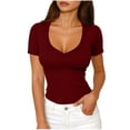 thumbnail image 2 of Short Sleeve Shirts For Women Ribbed Fitted Shirt Basic V Neck Slim T Shirt Tops Women Tops, 2 of 6