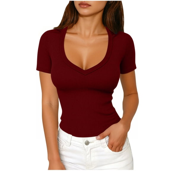 qucoqpe Summer Crop Tops for Women Fashion Casual Slim Fitted Solid Color V-Neck Short Sleeve T-shirts Trendy Vacation Ribbed Blouses Going Out Basic Tees