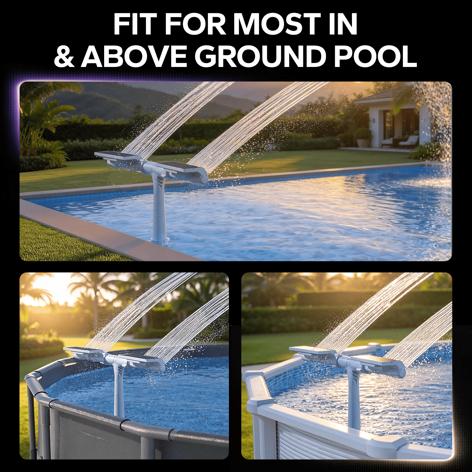 POOLHACKER Solar Pool Fountain with 10-Color LED Lights, Auto Dusk Sensor & Timer, Dual-Head Adjustable Spray for Above & Inground Pools