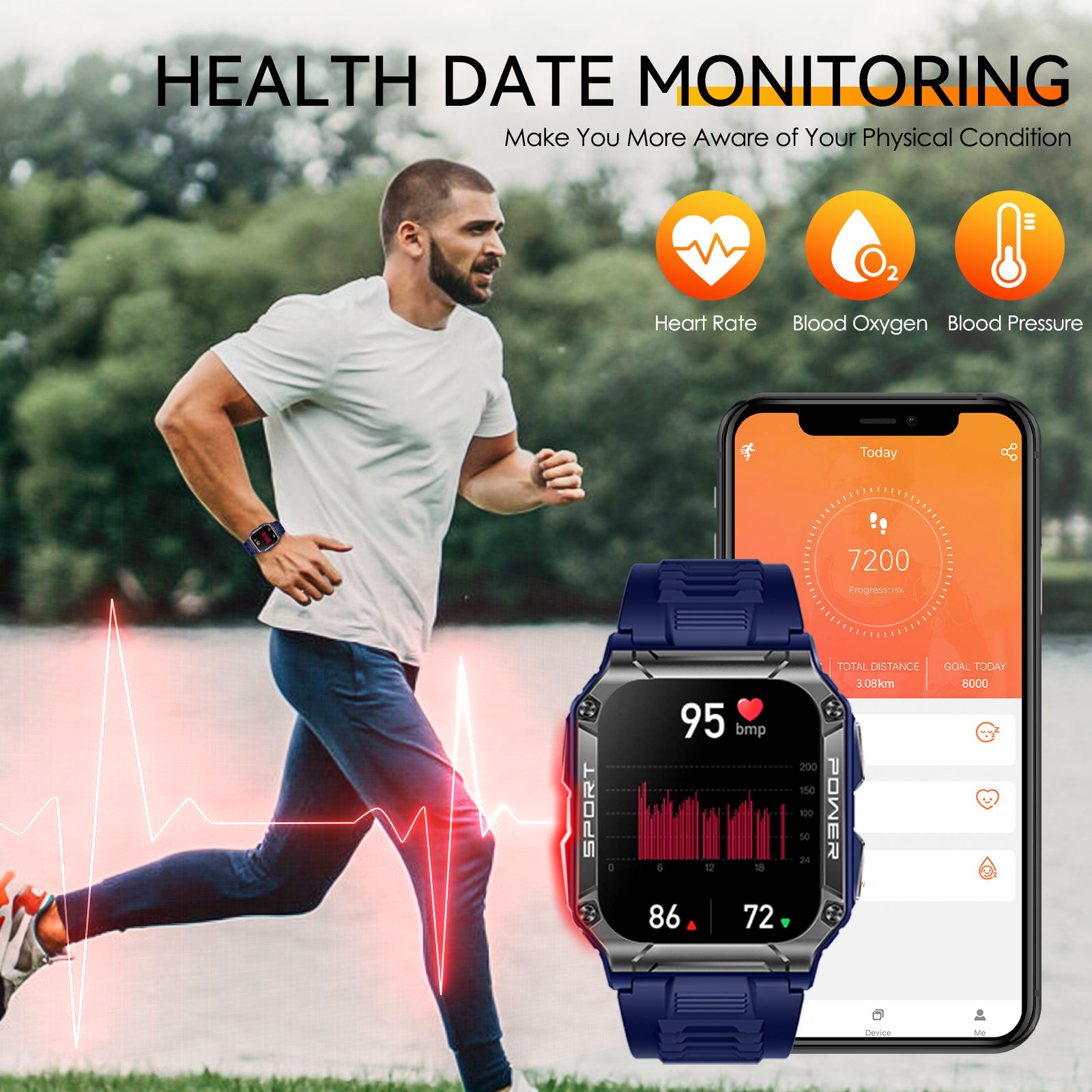 Cyberdyer Military Smart Watch Bluetooth 1.95 mm Black Zinc Alloy Case with Black Silicone Band