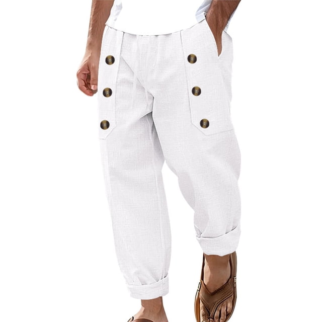 Pisexur Sweatpants for Men High-end Fabric Work Pants for Men Casual Beach Solid Color Linen Loose Drawstring Button Pocket Pants White,M