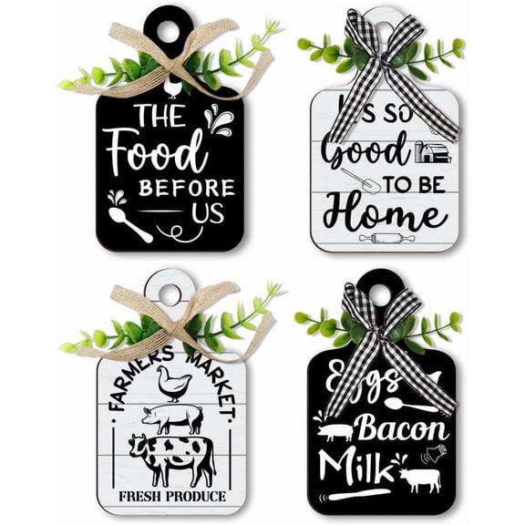 4pcs Farm Animal Eat Sign Kitchen Wall Decor Black and White Cutting Board Eat Sign Set Hanging Art Rustic Wooden Wall Vintage Home Decor Farm Animal for Home Kitchen Farmhouse 5.9x3.5 inch