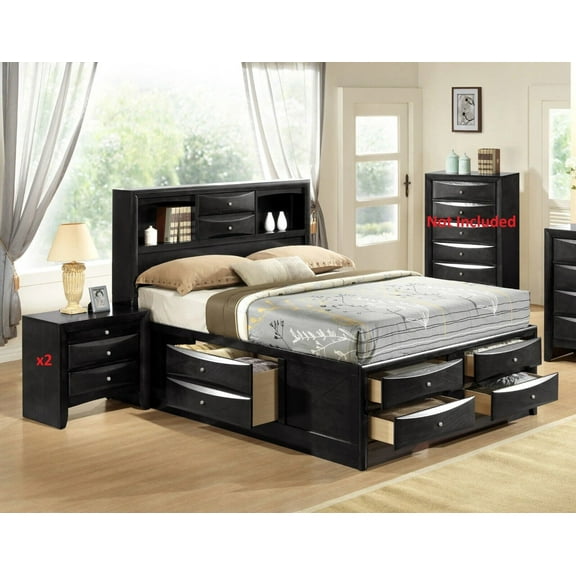 Contemporary Queen Size 3pc Bedroom Set Storage Drawers Bed and Nightstands Black Finish Wooden Furniture