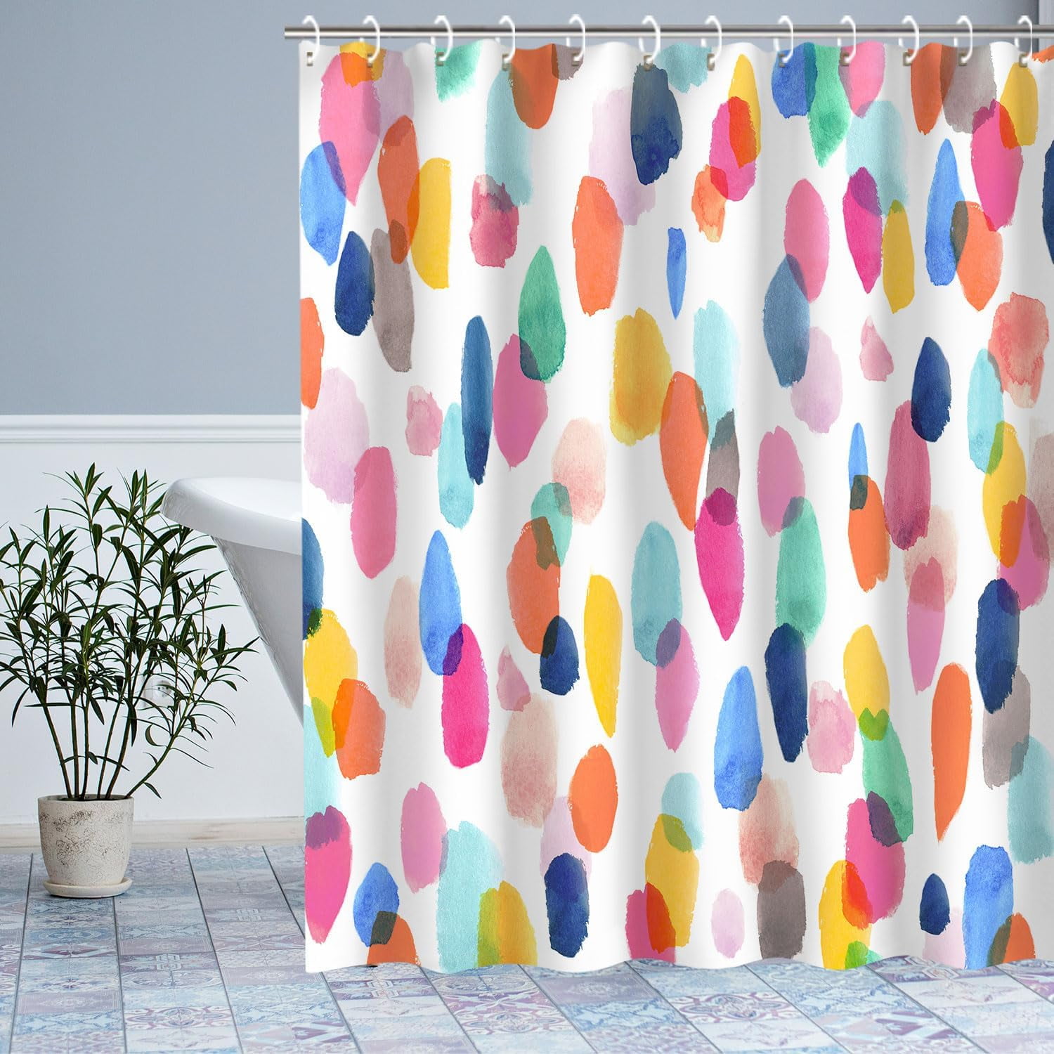 Watercolor Polka Dot Circles Shower Curtain, Kids Shower Curtain Set with 12 Hooks, Waterproof Washable Decor Bathroom Shower Curtain, 72 x 72 inches