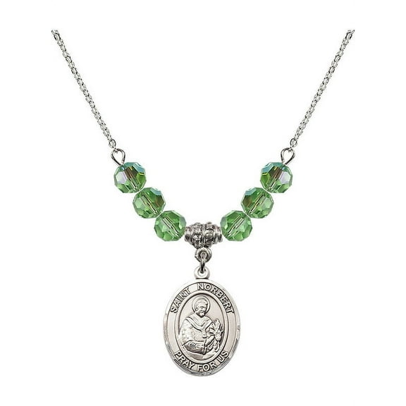 18-Inch Rhodium Plated Necklace with 6mm Green August Birth Month Stone Beads and Saint Norbert of Xanten Charm