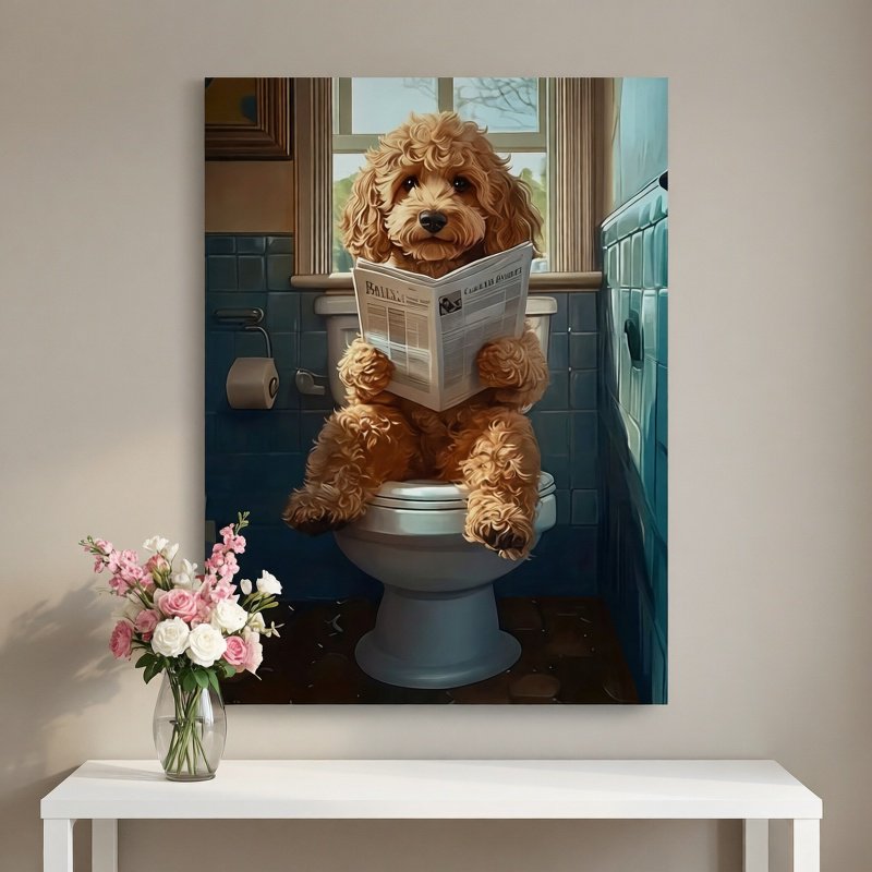 Funny Dog Reading Newspaper on Toilet Canvas Wall Art - Cute Goldendoodle Potty Humor Poster - Hilarious Pet Bathroom Decor Print for Half Bath, Powder Room