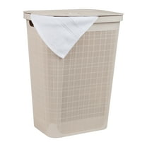 Mind Reader 60L Slim Laundry Hamper, Clothes Basket, Lid, Linen Design, Plastic, Ivory